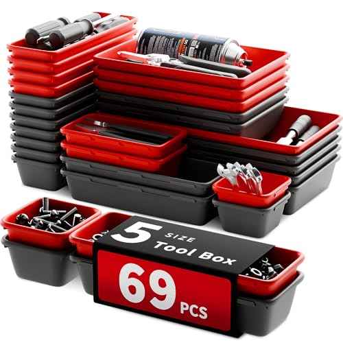 [5 Sizes] [69 PCS] Tool Drawer Organizer, Desk Tray, Rolling Chest, Toolbox (Black+Red)