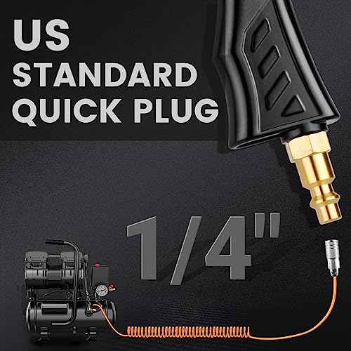 Industrial Air Blow Gun with Adjustable Brass Air Nozzle, Premium Air Blower Gun with 2 Pcs Steel Air Flow Extensions and 1/4" NPT Standard Quick Plug, Pneumatic Air Compressor Accessory Tool