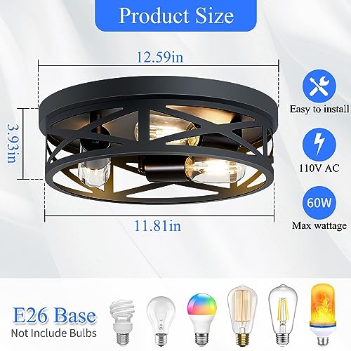 SKEJAO 13.1 Inch Black 3-Light Flush Mount Ceiling Light Fixture for Kitchen Hall Bathroom