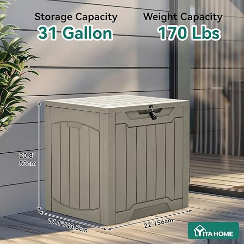 YITAHOME 31 Gallon Deck Box Taupe - Outdoor Storage Box with Bench & Handles