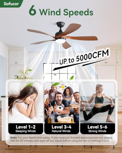 Sofucor 52 Inch Black & Brown Smart Ceiling Fan with Light, Alexa & Google Compatible