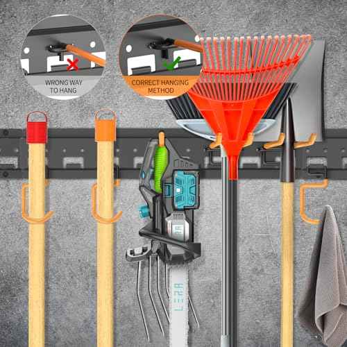 Garden Tool Organizer Wall Mount - Garage Storage and Organization Yard Tool Hanger with Adjustable Pegboard Hooks Shed Rack for Broom Mop Shovel Rake Trimmers, 48 inch Max 550lbs, Black