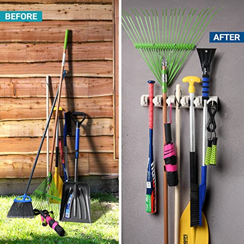 HOME IT Off-White Wall Mount Mop & Broom Holder with 5 Slots & 6 Hooks - Heavy Duty Storage Rack, 1 Pack
