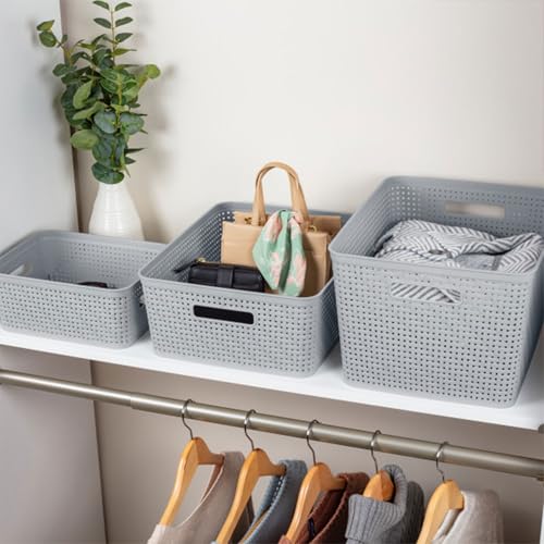 Sterilite Tall Woven Plastic Storage Basket 14 x 11.5 x 8.5 in (Cement) - 6 Pack - Large