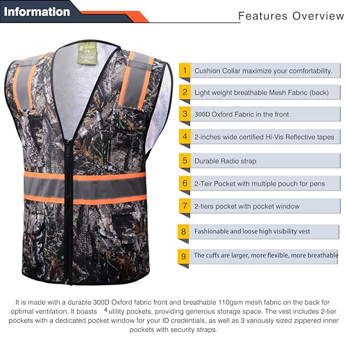 Class 2 High Visibility Reflective Safety Vests Women & Men With 5 Pockets And Zipper Front,Meets Ansi/Isea Standards