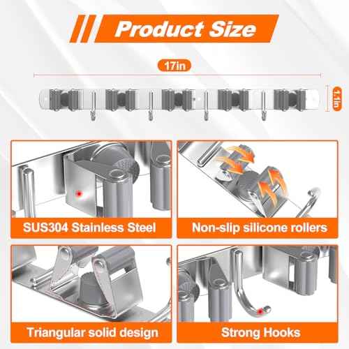 Broom Holder Wall Mount, Mop and Broom Organizer Broom Hanger Storage Tool Utility Racks Stainless Steel Wall Hooks Solid Mop Rack for Home Kitchen Garden Laundry Garage (5 Racks 4 Hooks)