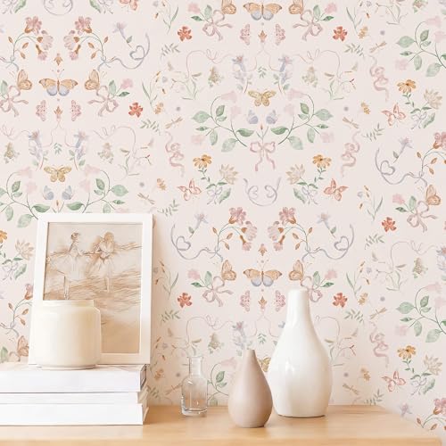 Fiula Peel and Stick Nursery Wallpaper Pink Cute Bow Leaf 17.3" x 78.7" Waterproof