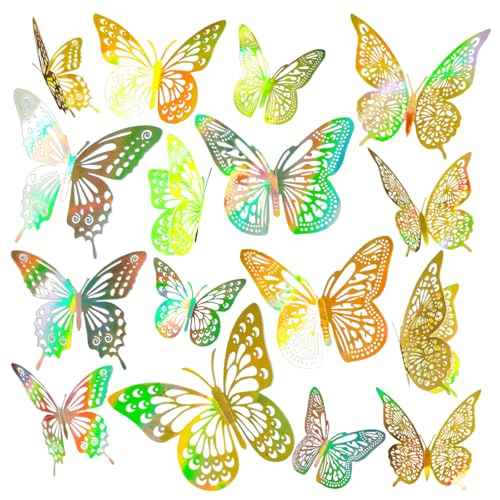 JOSDIOX 48 Pcs 3D Butterfly Wall Decor Stickers 4 Styles 3 Sizes Butterflies Party Decoration Birthday Cake Decorations Pegatcon Decoraci?n De Pared De Mariposa Butterfly Room Decor Craft Laser Gold