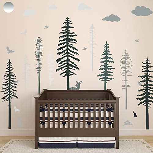Zonon Wall Decal Forest Deer Wall Stickers Pine Tree Wall Decals Woodland Vinyl Wall Decor Sticker Decoration Bedroom Living Room Decor (15.7 x 35.4 Inch)