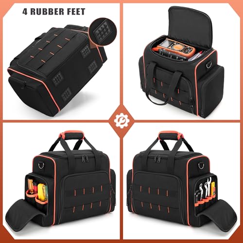 Tool Bag with 3 Removable Cases, 2 Layers Tool Tote for Hand Tools, Black with Red Binding