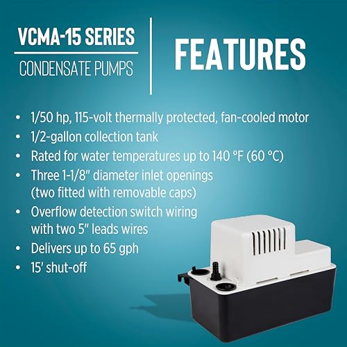 Little Giant VCMA-15ULST Condensate Pump with Overflow Switch & 20ft Tubing, 115V, 65 GPH