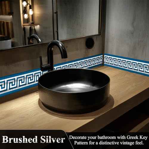 funlife Greece Pattern Peel and Stick Wall Border Stickers, Self Adhesive Skirting Wall Waist Line Decal for Bathroom Wall Vanity Mirror, 78.74"X3.93" Brushed Blue 1 Roll