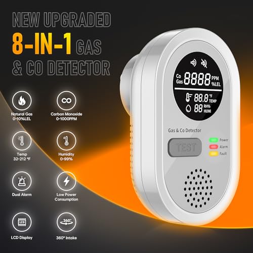 Portable Carbon Monoxide detectors for Travel - 5-in-1 Combination Natural Gas and Carbon Monoxide Detector,Detect Co,Gas,Temperature,Humidity