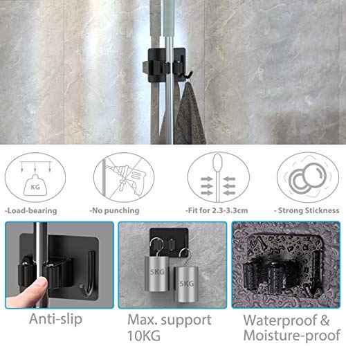 Mop Broom Holder No Drill, Mop Broom Organizer Wall Mounted Heavy Duty with Hooks Hanger, Self Adhesive Stainless Steel 6Pcs for Bathroom, Kitchen, Office (Black)