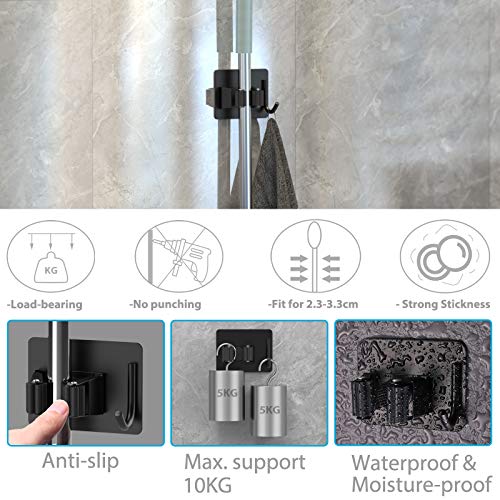 Homeasy Wall Mount Broom Holder 4Pcs Self-Adhesive Black - No Drill, Rustproof, Holds Heavy Brooms & Rakes