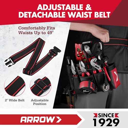 ARROW Tool Belt Heavy-Duty, Electrician Tool Pouch with 10 Pockets, 840D Oxford Fabric, Utility Belt with Hammer Holder, Adjustable Tool Belts for Men Women Electrician Carpenter, Construction