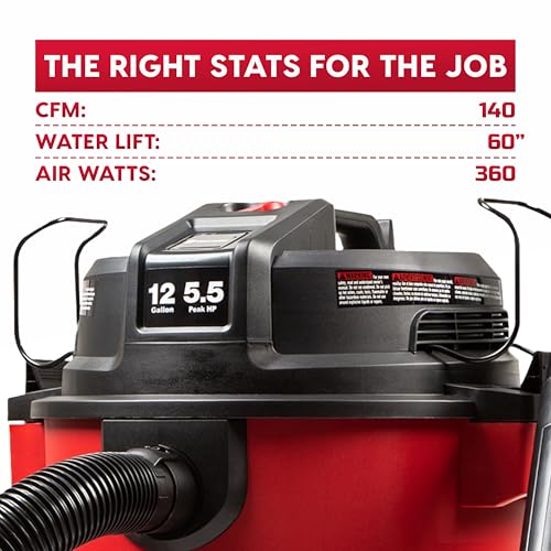 Vacmaster 12-Gallon Heavy-Duty Wet/Dry Shop Vacuum with 5.5 Peak HP, Red