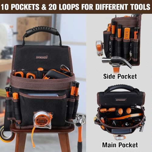 Electrician Tool Pouch, 10 Pockets Tool Belt Pouches with Hammer Holder, Adjustable Small Tool Pouch with Belt for Carpenter Construction Technician Plumber HVAC