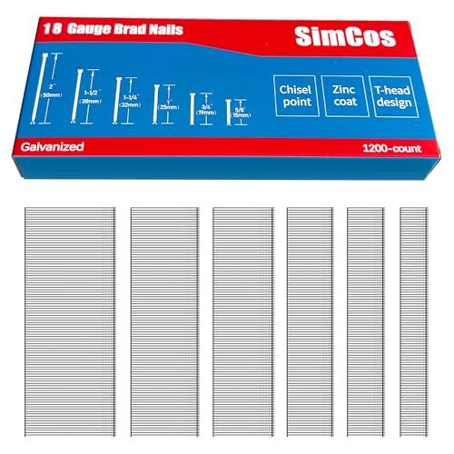 SimCos 18 Gauge Brad Nails Assorted Sizes 1200-Pack for Nail Guns - Galvanized Finish - 5/8" to 2"