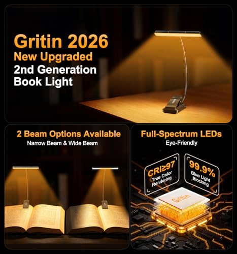Gritin 2026 Gen 2 Book Light Black - Eye-Caring Full Spectrum LED Reading Lamp
