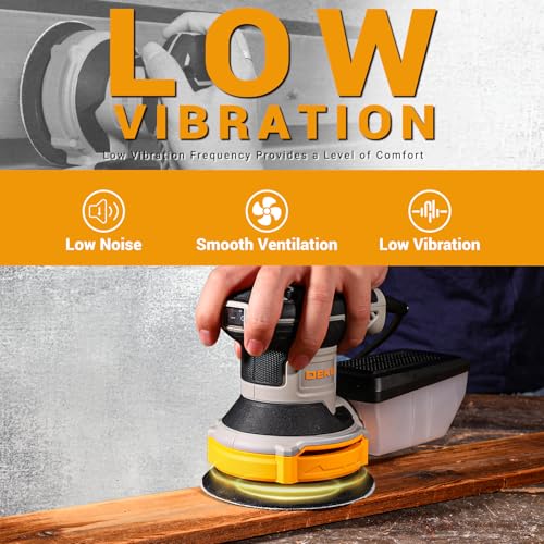 DEKOPRO 5-inch Yellow Random Orbital Sander with Dust Box, 6 Speeds, 16 Sandpapers for Woodworking & Metal Sanding