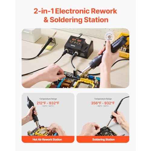 VEVOR 2-in-1 Hot Air Rework Station & Soldering Station, 750W Digital Rework and Soldering Iron Station with Adjustable Temps & Airflow, ¡É/¢µ Conversion, 3 Hot Air Nozzles for Electronics Repairing