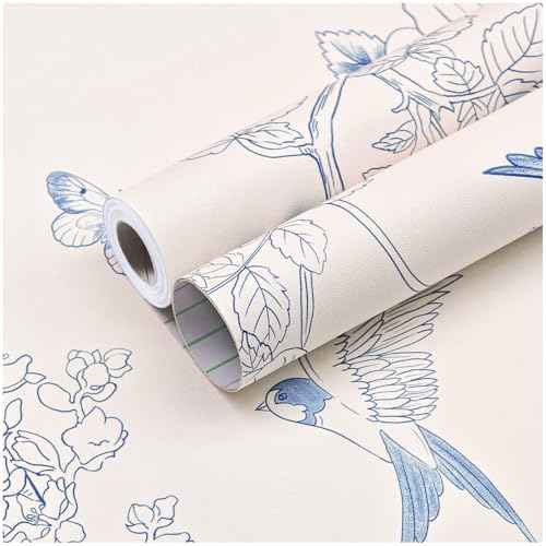 Peel and Stick Wallpaper Cream White and Blue Floral Wallpaper Vintage Contact Paper 17.3''¡¿78.8'' Self Adhesive Wall Paper Removable Boho Wallpapers Decorative for Bedroom Bathroom Cabinets D?cor