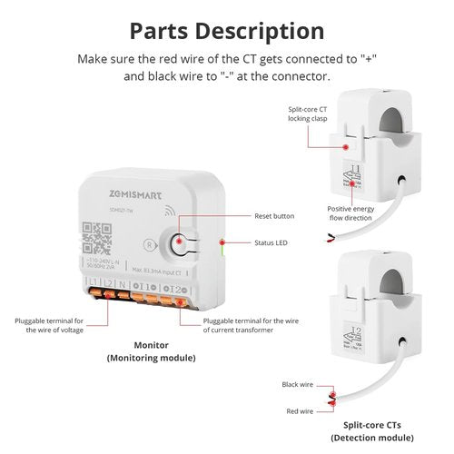 Smart Home Energy Monitor with 2 x 120A CTs, Real-Time Electricity Usage Monitor, Bi-Directional Power Tracking, Supports Single-Phase 3-Wire System, 2.4GHz Wi-Fi (WiFi Version)