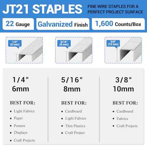meite JT21 Staples, 3/8 Inch Galvanized Fine Wire Staples for Staple Gun - 1,600 Counts, 7/16" Crown JT21 Staple Refill, Ideal for Upholstery, Crafts, Furniture