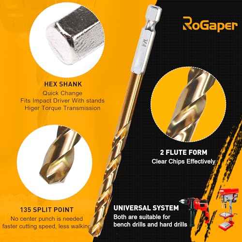 13 PCS Titanium Coated Hex Shank Drill Bit Set, HSS Twist Drill Bit Sets, Impact Driver Drill Bits for Wood, Steel, Metal, Plastic, Quick Change Design (1/16-1/4)