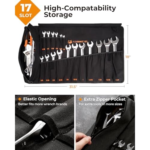 Wrench Roll, Wrench Roll Up Pouch, Gifts for Men Father Dad Mechanic, Heavy Duty Canvas Wrench Organizer Bag (Black, 17+1 SAE)