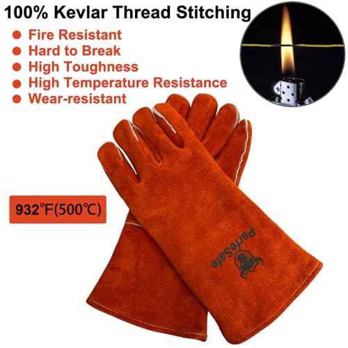 Welding Gloves 14 Inches, 932¢µ Heat Fire Resistant Leather Welding Gloves for Tig/Mig/Stick, Mitts for BBQ/Oven/Grill/Fireplace/Furnace/Stove/Animal Handling Gloves with Soft Lining (Red)