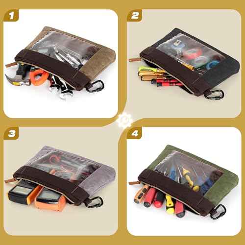 4 Pack Heavy Duty Tool Pouch with Carabiner, 12¡± Canvas Tool Pouch Bag with Clear Window (4 Colors: Black, Gray, Green, Khaki)