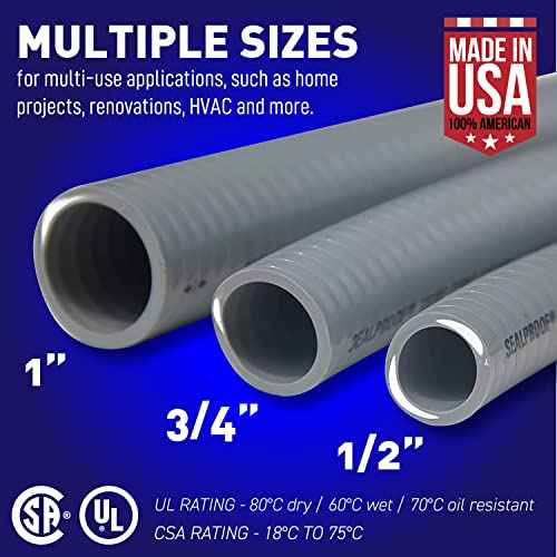 Sealproof 1/2-Inch Non-Metallic Liquid-Tight Conduit and Connector Kit, 50 Foot Made in USA Flexible Electrical Conduit Type B with 5 Straight and 3 90-Degree Conduit Connector Fittings, 0.5" Dia