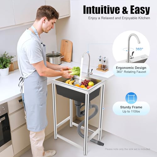 Stainless Steel Utility Sink with Faucet & Cabinet for Kitchen Laundry Garage