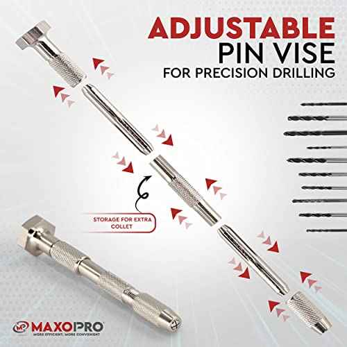 Swivel Head Pin Vise Hand Drill with Two Reversible Collets ? Size Range (0-2.381 mm) - Nickel Plated, Anti- Slip Steel Body Resin Drill for Jewelry Making, Assembling, DIY Crafts - by MaxoPro