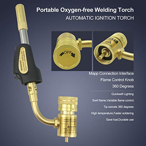 Gas Turbo Torch Tips with Adjustable Swirl Flame, Brazing Soldering Welding Plumbing Tool Home Accessory for MAP Pro and 1LB Propane Cylinders, Propane MAP Gas Torch Head with Trigger Ignition