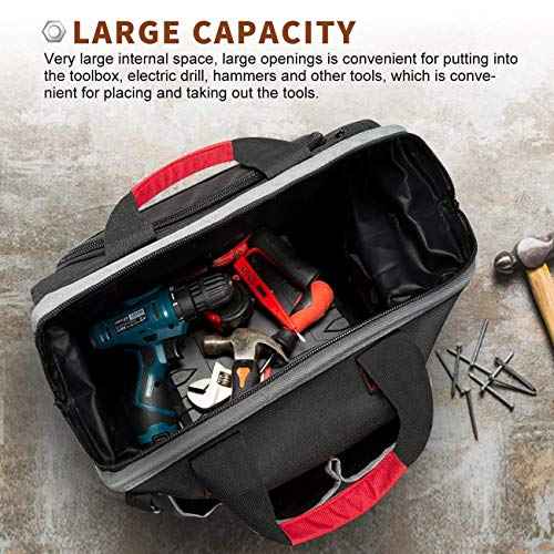 Waterproof Tool Bags for Men or Women, 16-inch Wide Mouth Tool Tote Bag with 25 Pockets for Tool Organizer & Storage, with Adjustable Shoulder Strap (16IN, Black/Red)