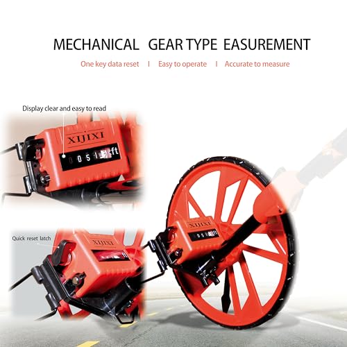 XIJIXI Distance Measuring Wheel 12.5” Dia. Collapsible with One-Key Zero, Red with 10 Flags, Large Plastic