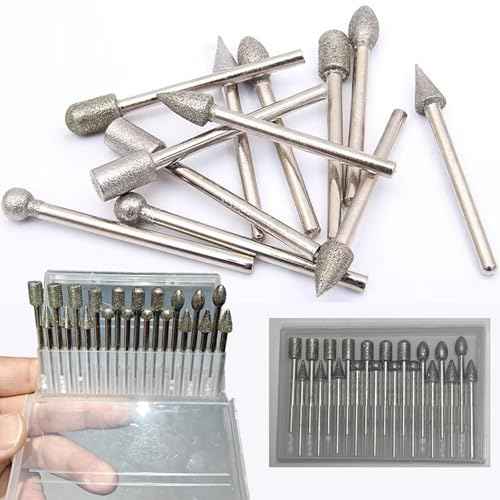 20Pcs Diamond Grinder Bit 1/8" Shank,Stone Carving Set Polishing Diamond Burrs, Rotary Tools Accessories Grinding Burrs for Stone Glass Resin Porcelain Ceramic Quartz Glaze Steel Carve Engrave Polish