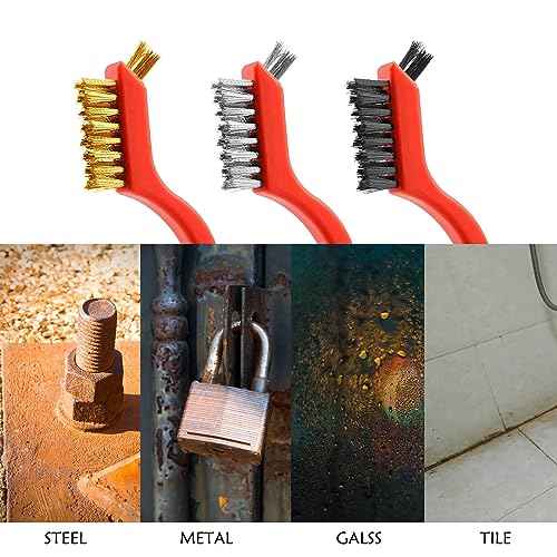 Wire Brush 3Pcs Metal Scrubber - Nylon/Brass/Stainless Steel Bristles with Curved Handle Grip for Cleaning Rust Removal, Dirt, Paint Scrubbing with Deep Cleaning ? 7 Inches