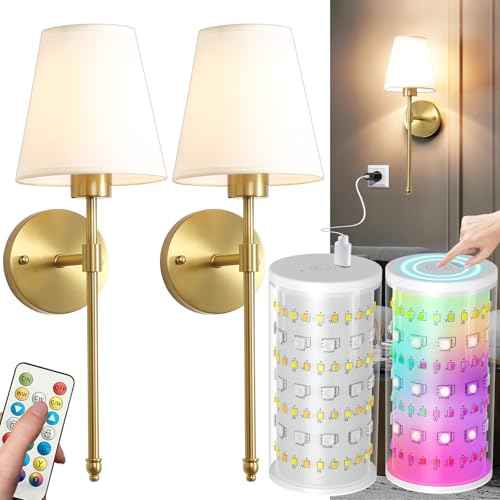 Wireless Wall Sconces Set of Two Battery Operated, Rechargeable Wall Lamp with 10000 mAh Dimmable Bulb & Remote, 10 Colors Wall Lights for Bedroom Living Room Hallway Wall Decor