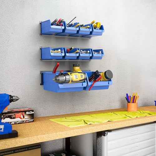 WALMANN Wall Mounted Storage Bins for Small Parts, 10 Bins with 3 Metal Rails, Plastic Wall Bins for Screws, Bolts, Nuts, Craft Room, Workshop, and Garage Storage Bins(Blue)
