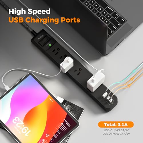 Addtam Black & Dark Gray 6Ft Power Strip Surge Protector with 5 Outlets & 3 USB Ports