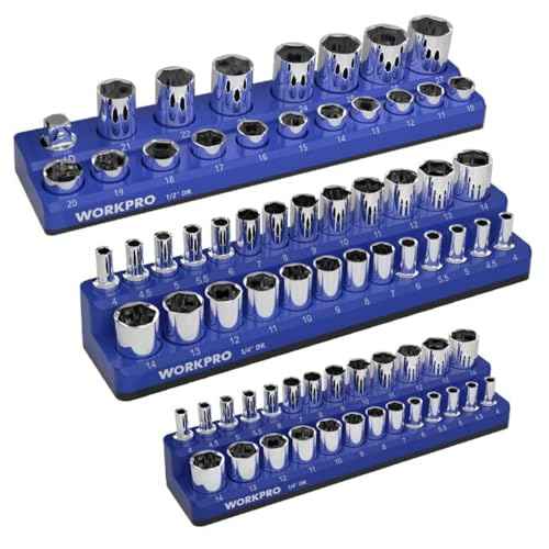 WORKPRO Magnetic Socket Organizer Set, 3-Piece Socket Holder Set Includes 1/4", 3/8" and 1/2" Drive Metric Socket Trays, Holds 75 Pieces Standard Size and Deep Size Sockets(Socket not Included)