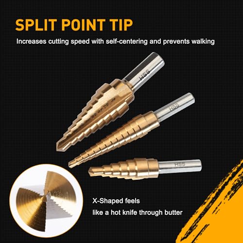 Step Drill Bit Set, 3PCS Titanium High Speed Steel Drill Bits, Step Bits for Metal Aluminium Wood Hole Drilling, Unibit Set for DIY Lovers, 28 Step Sizes (1/8" to 3/4")