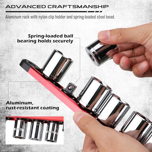 SEDY 9-Piece Aluminum Magnetic Socket Organizer Set - Holds 120 Sockets, Detachable Rails for 1/4, 3/8, 1/2 Sizes, Blue/Red/Green