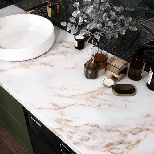 Wallercity White/Gold Marble Contact Paper for Countertops Matte Peel and Stick Granite Wallpaper for Cabinets Drawers Vinyl Self Adhesive Wallpaper for Bathroom Kitchen Backsplash Table 15.8''x78.7''