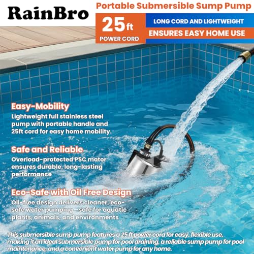 RainBro 1/2 HP Submersible Sump Pump 2300 GPH with Hose, Portable Water Drainage