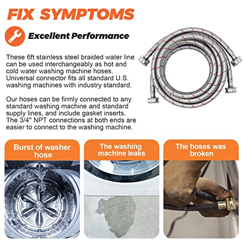 Beaquicy 6ft Stainless Steel Braided Washing Machine Hoses, Hot & Cold, 2 Pack